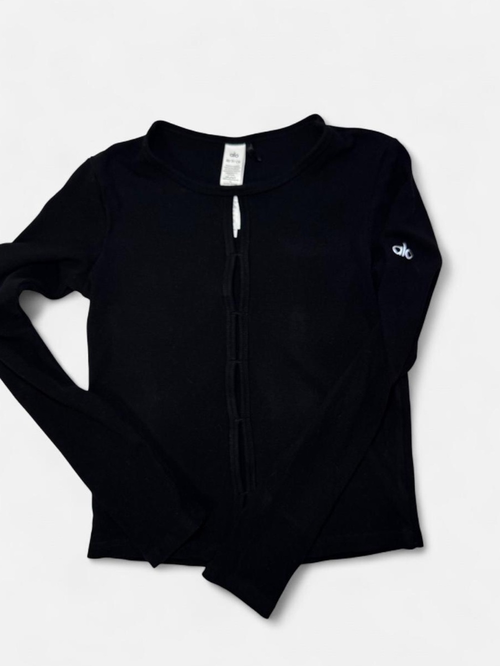 Alo Yoga Black Ribbed Front Cutout Long Sleeve Top - Size S